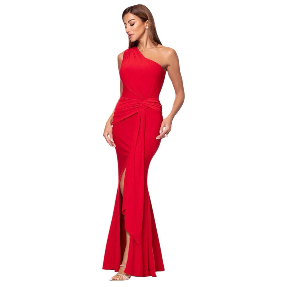 XSCAPE Nara One Shoulder Asymmetric Twist Draped Slit Jersey Dress Red Size 18W